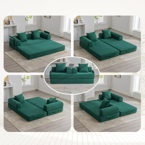 4-in-1 Convertible Sleeper Sofa Bed with Pillow Back Support Armrest, Comfy Corduroy Fabric Foldable Compressed Floor Sofa Lounge Sofa Couch for Living Room, Apartment, Small Spaces, Emerald Green