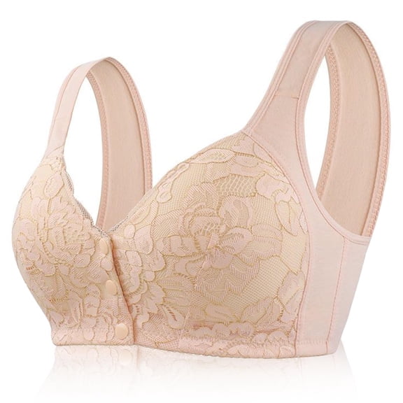 FHTECO No Underwire Lace Bras for Women Sponge Cup Front Closure Bras for Seniors Plus Size Full Coverage Bras No Wire Bras