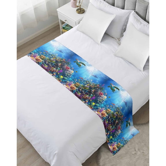 Xipuska Turtle Blue Bed Runners for Cal King Size Bed, Decorative Bed Throws for Foot of Bed, Ocean Coral Shark Fish Underwater Scenery Bed Runner Sofa Throw Bedding Scarf Slipcover for Bedroom