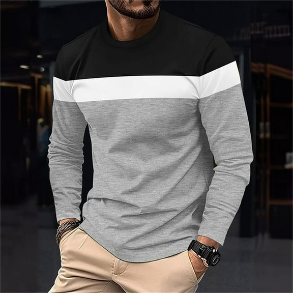 UVEASISHA Mens Long Sleeve Tshirt Color Block Striped T Shirt Lightweight Fall Casual Joggers Pullover Top Gray S