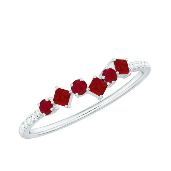 Rosec Jewels Natural Ruby Half Eternity Ring (AAA Quality) - Ruby Diamond Ring for Women - Ready to Gift for Valentines Day, 925 Sterling Silver, US 4.00