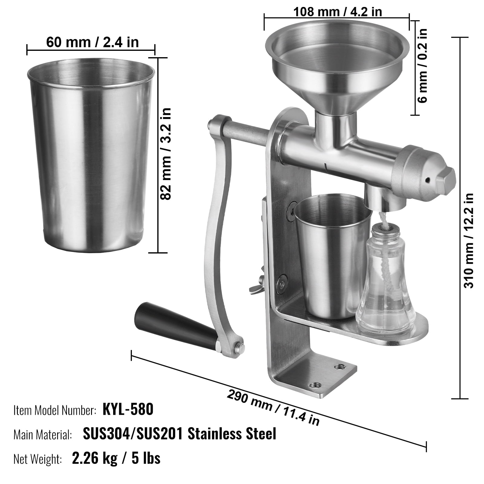 KFFKFF Hand-Operated Oil Press, Durable Stainless Steel Oil Extraction Device, Easy-to-Clean Detachable Press Mechanism, Ideal for Home Use, Suitable for Peanuts, Sesame, Rapeseed, Tea Seeds