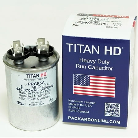 

Titan HD TitanHD PRCF5A American-Made HVAC Round Motor Run Capacitor. 5 MFD/UF 440 Volts