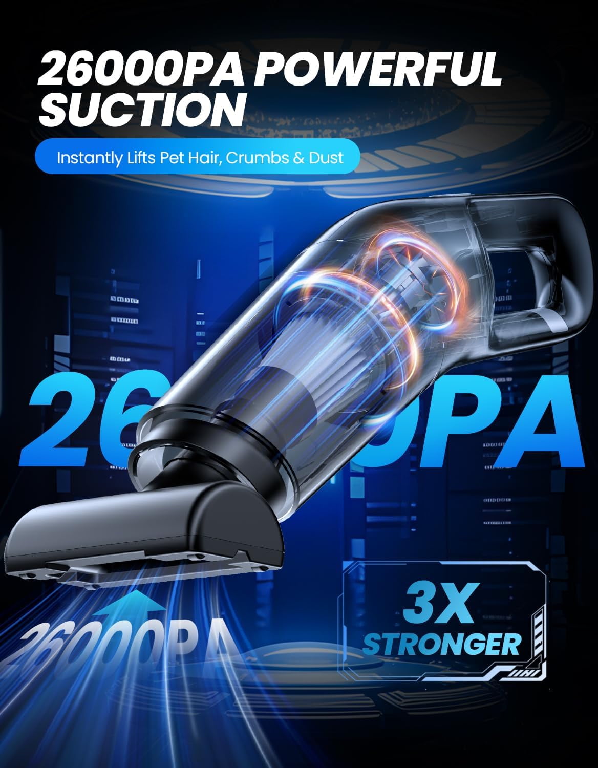 Handheld Vacuum Cordless, 26,000 Pa High Power Suction, Portable Rechargeable Car Vacuum Cleaner for Home, Office, Pet Hair, Car Detailing, Black