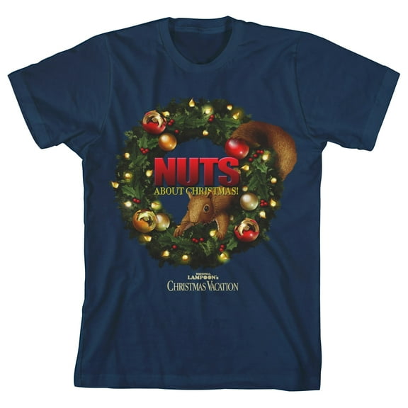 National Lampoon's Christmas Vacation Squirrel in a Wreath Nuts About Christmas Youth Navy Blue Graphic Tee-Small