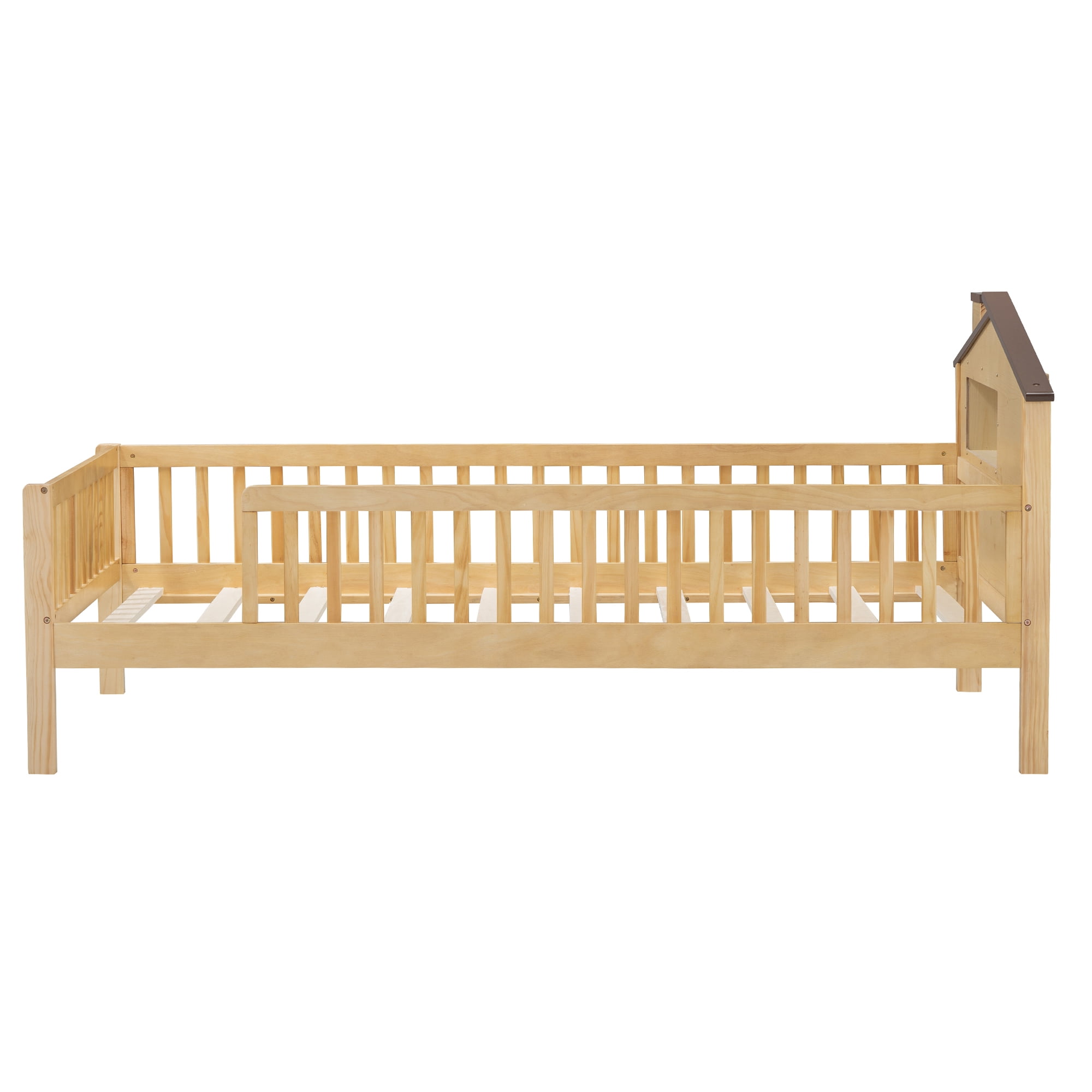 EUROCO Wood Twin Size Platform Bed Frame with House Like Roof and LED Light, Natural