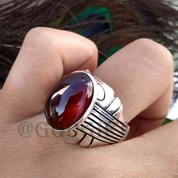 Hessonite Garnet Ring: Turkish Handmade 925 Sterling Silver Cabochon Men's Ring