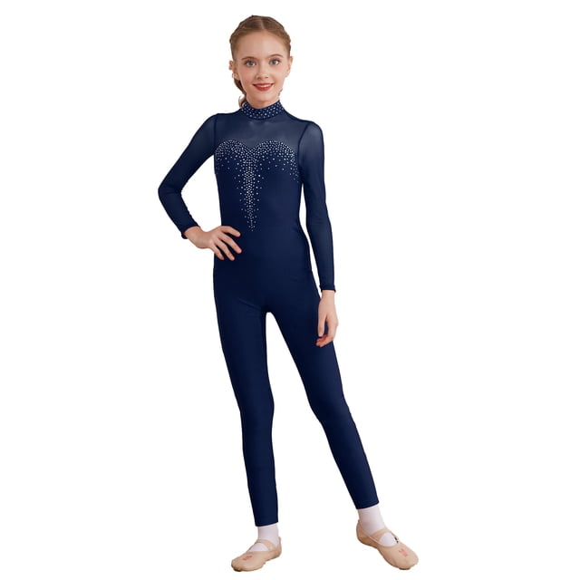 CHICTRY Kids Girls Unitard Jumpsuit Shiny Rhinestone Long Sleeve Full Bodysuits Gymnastics Dance Performance Costume Navy Blue 6