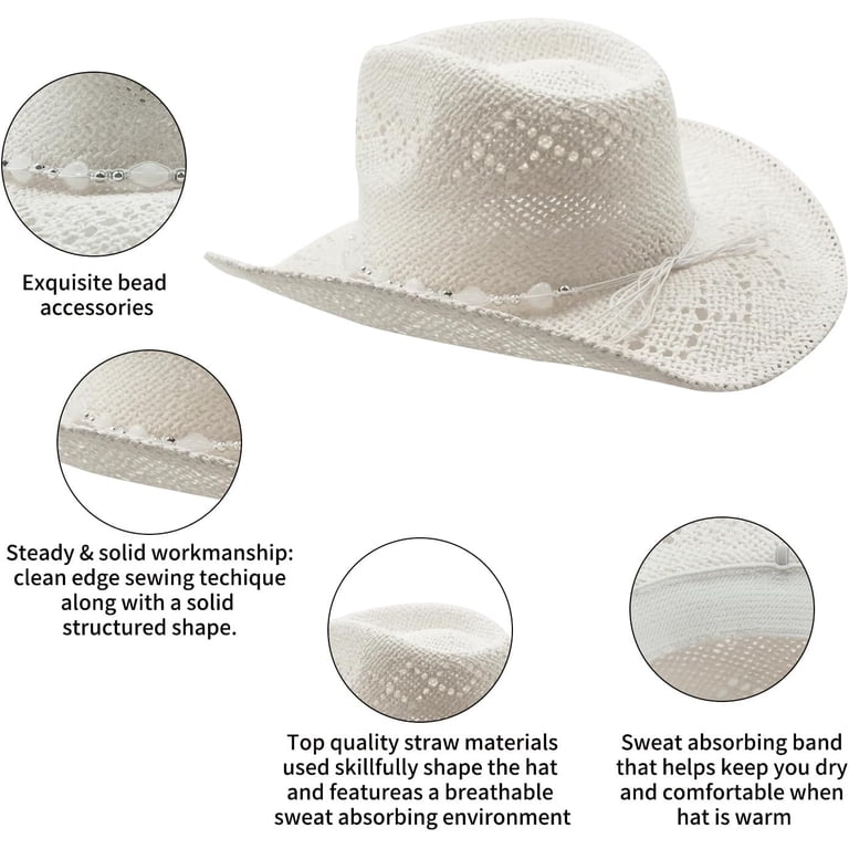 Straw Cowboy Cowgirl Hat for Women with Beaded Trim and  display picture 1