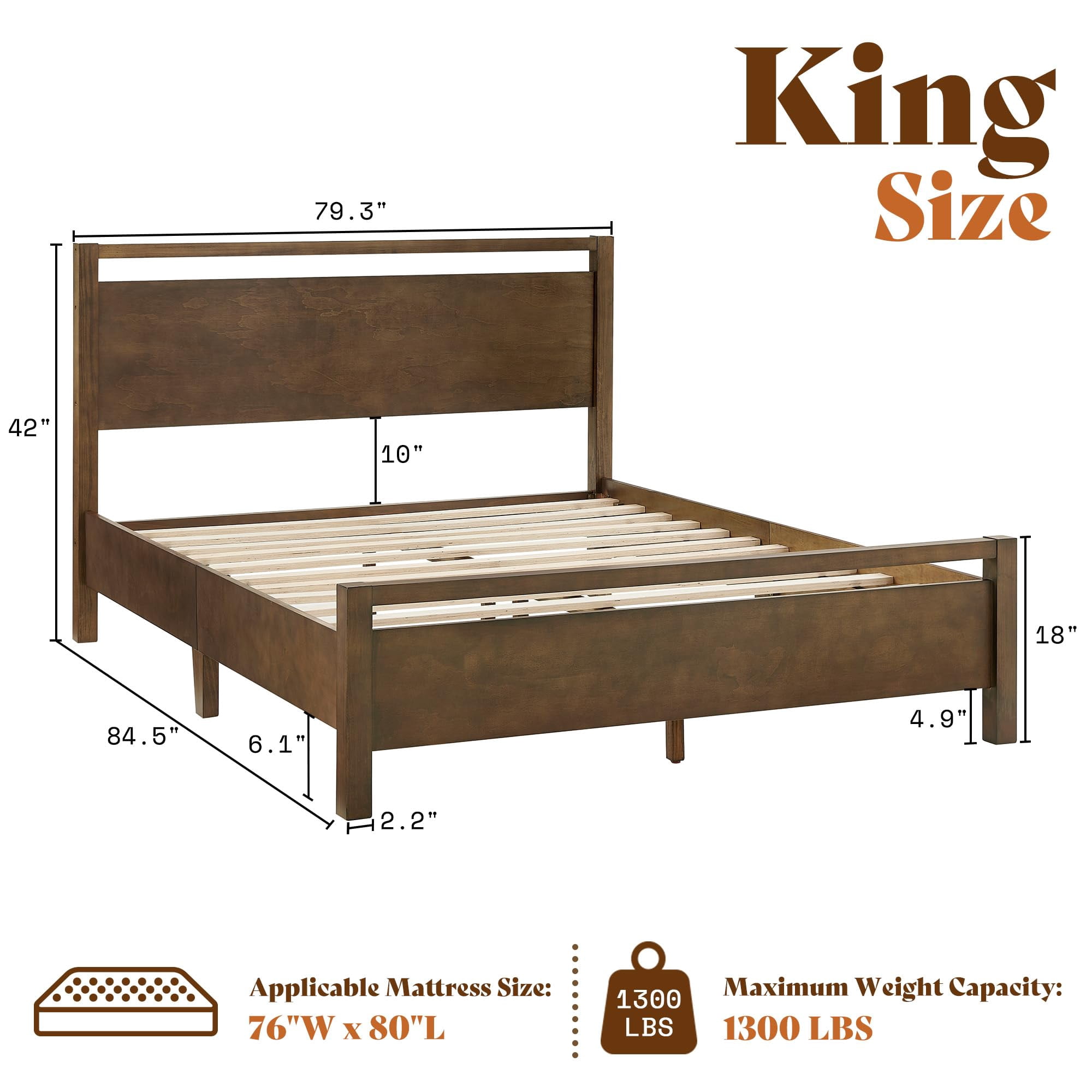 Papajet King Size Solid Wood Bed Frame with Headboard, Minimalist Platform Bed with Wood Slats Support, Easy Assembly, Noise-Free, Dark Brown