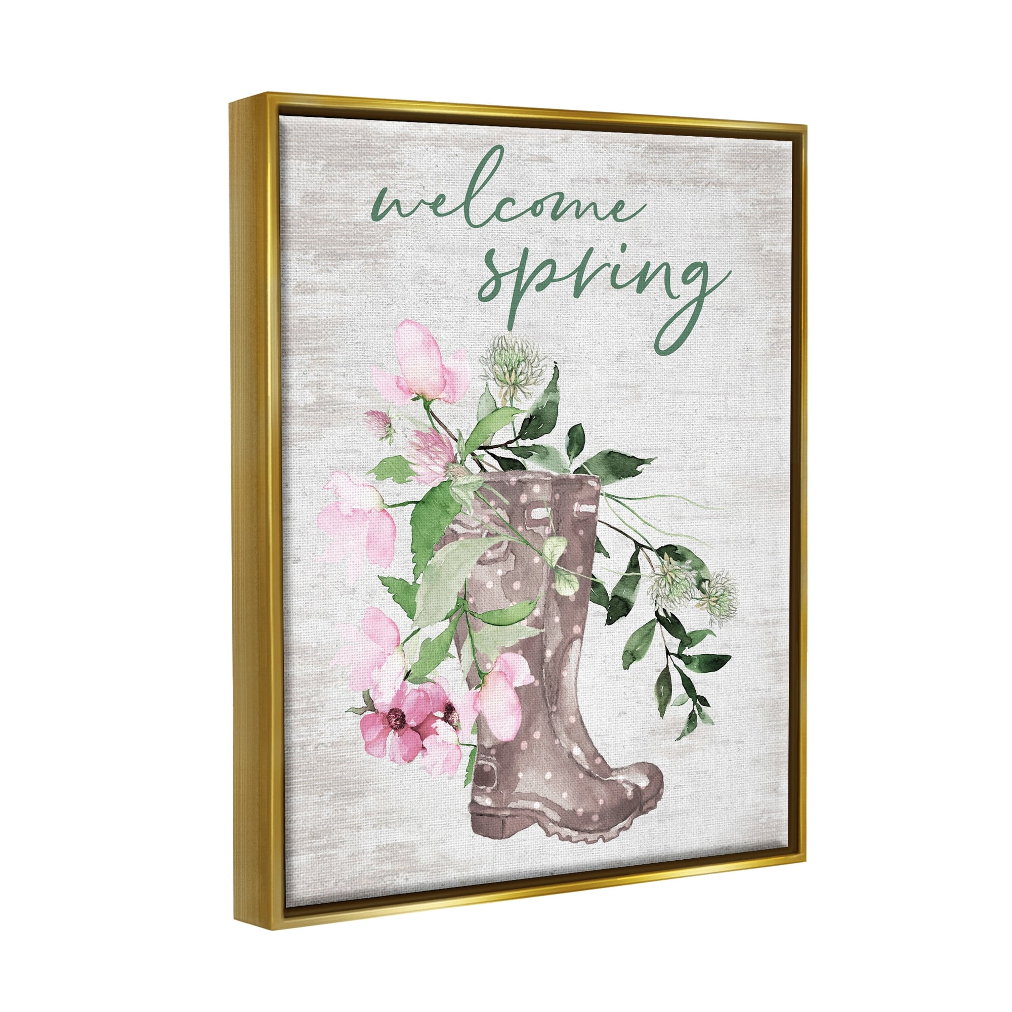 Welcome Spring Seasonal Rain Boots Flower Arrangement Gold Floating Frame Canvas Art, 17 x 21, Made In USA