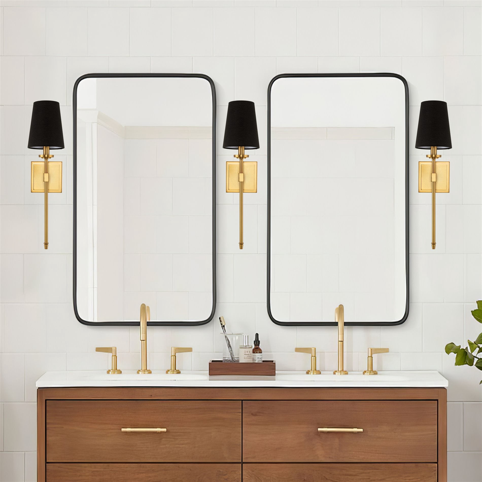 Kira Home Torche 20" Mid Century Wall Sconce, Tapered Black Linen Shade, Candle Wall Light, Elongated Tail, Warm Brass