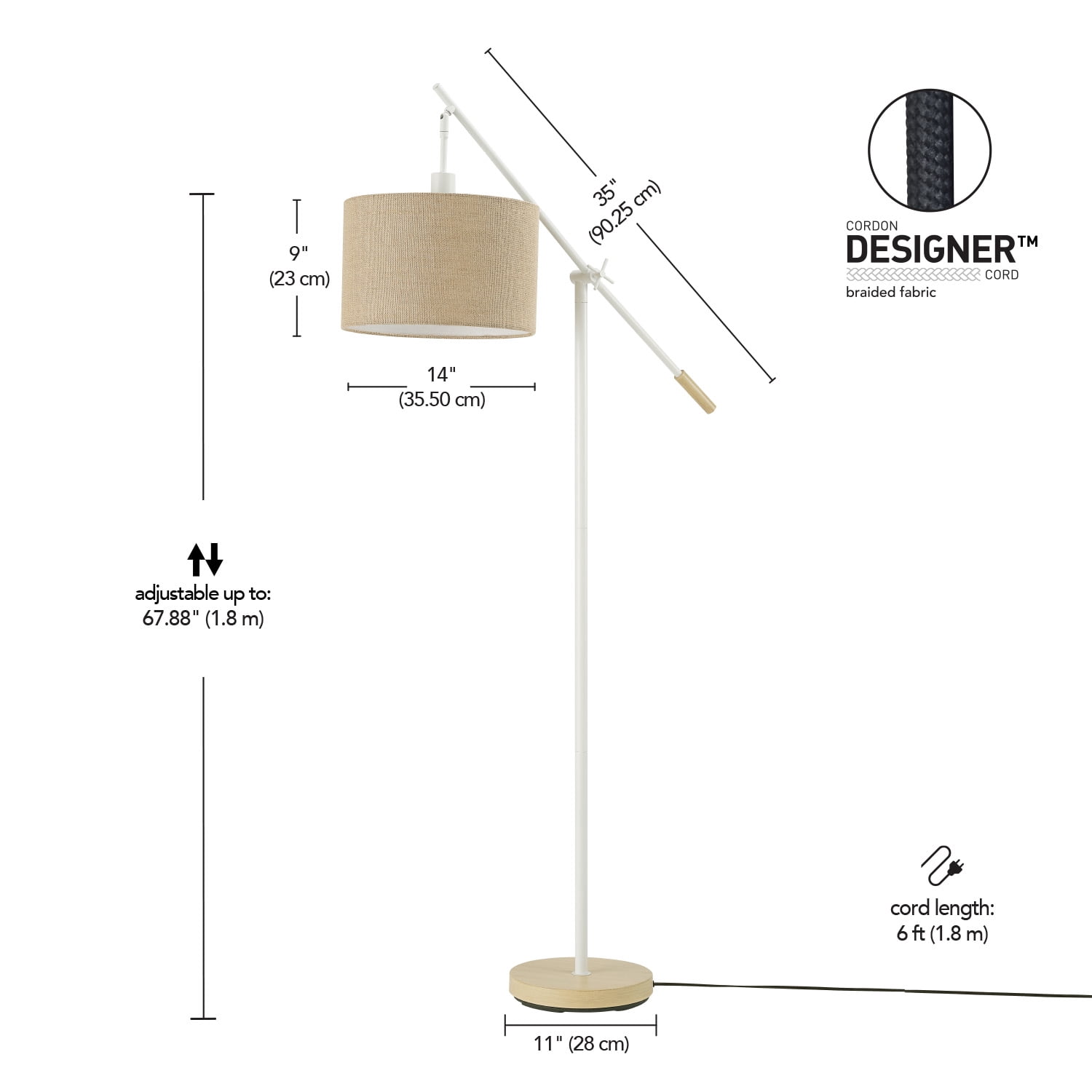 Globe Electric Serena 66" Matte White Dimmable Floor Lamp with Jute Shade, 91004429