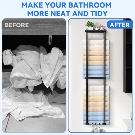 Towel Racks for Bathroom HONEIER 3 Tier Towel Holder with Shelf & 6 HooksWall Mounted Vertical Rolled Towel Storage Organizer Holder Towel Shelf Organizer for Toilet, Black