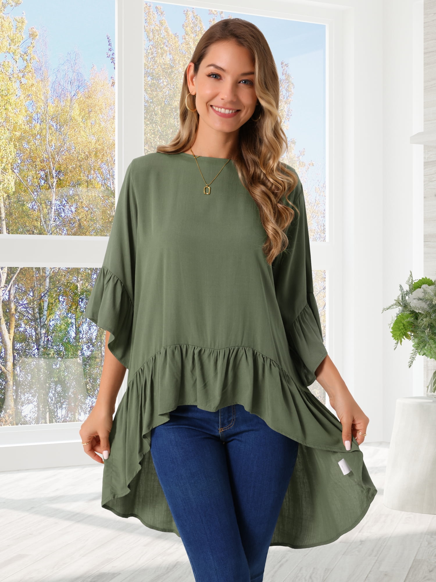 DARING DIVA Women's High Low Tops Bell Sleeve Crewneck Ruffle Blouse 2XL Army Green