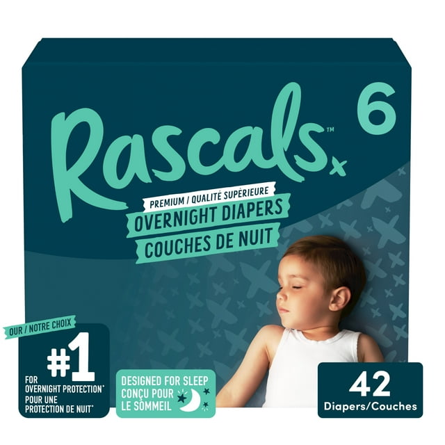 Rascals Overnight Absorbent Baby Diapers, Size 6, Carton, 42 Count