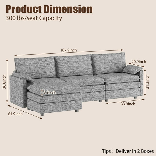 GloryStar 108 Inch Modular Chenille Sectional, Extra Large Cloud Sofa with Ottoman, Deep Seating for Living Room