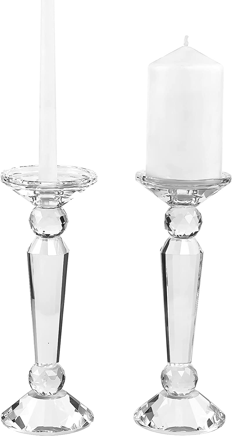 2Pack Crystal Candle Stick Holders for Home Decor, Clear Crystal Taper/Pillar Candles Holder