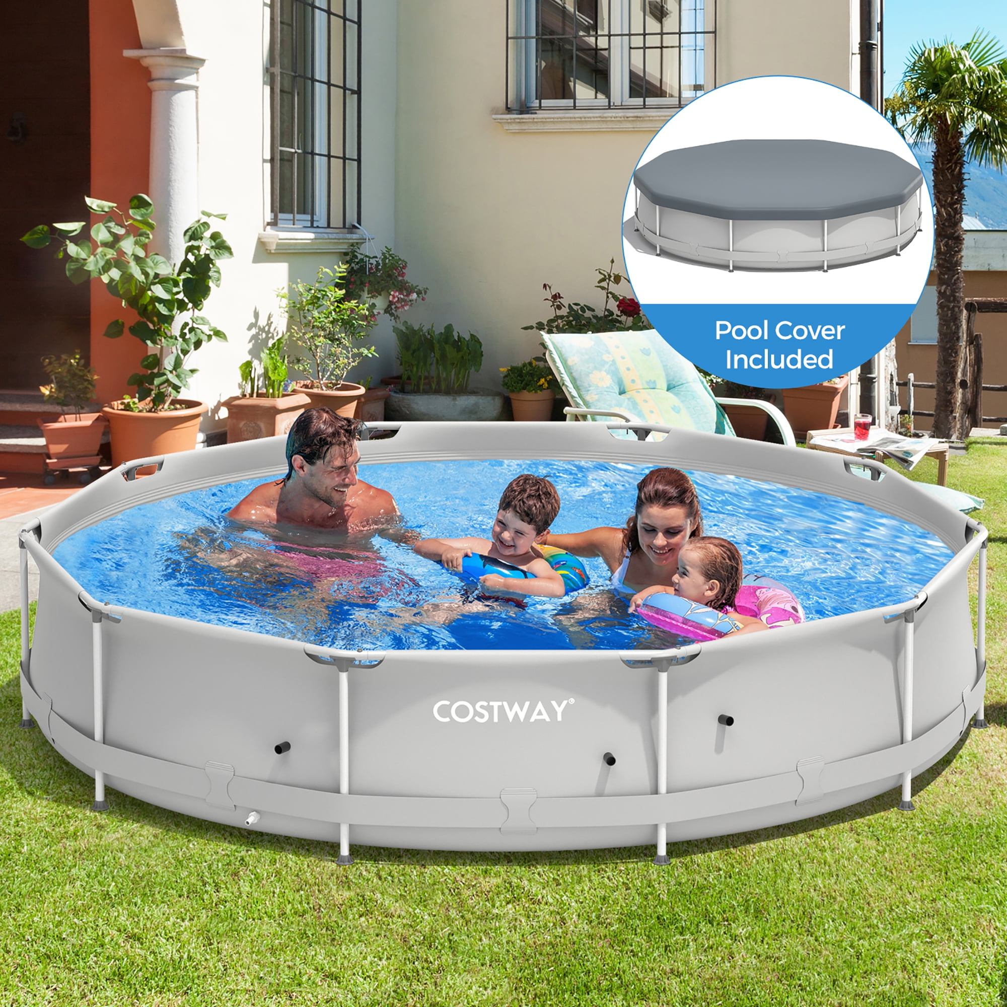 Costway Round Above Ground Swimming Pool Patio Frame Pool W/ Pool Cover Iron Frame Grey