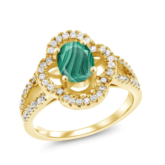 Gem Stone King 2.37 Ct Oval Green Malachite 18K Yellow Gold Plated Silver Ring (Size 8)
