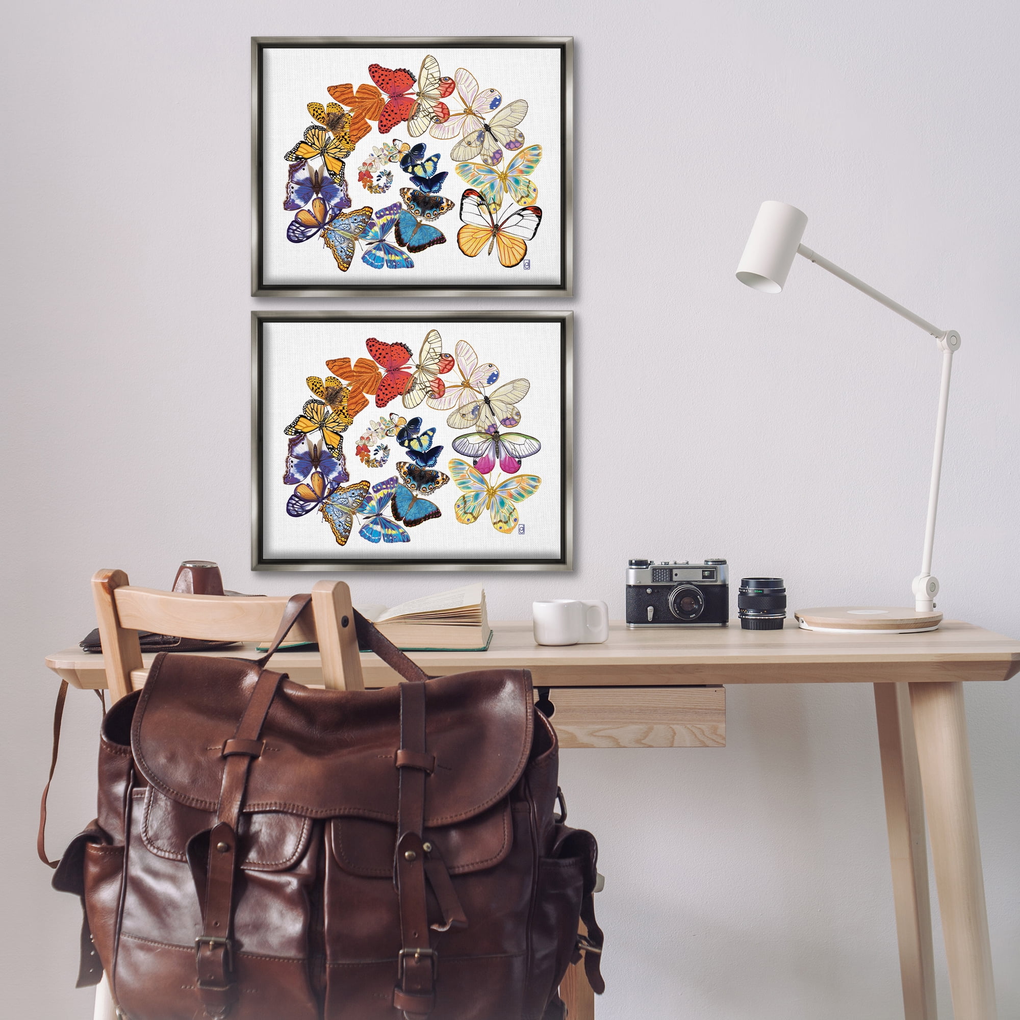 Stupell Industries Fly Away Butterfly Spirals Animals Painting Gray Floater Framed Canvas Art Print Wall Art, 21 x 17, Set of 2