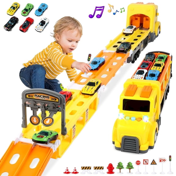 Goowood 7 In 1 Yellow Transport Truck Toy Cars for Toddler Boys Large Trailer with Lights Sounds Flatbed Birthday Gift