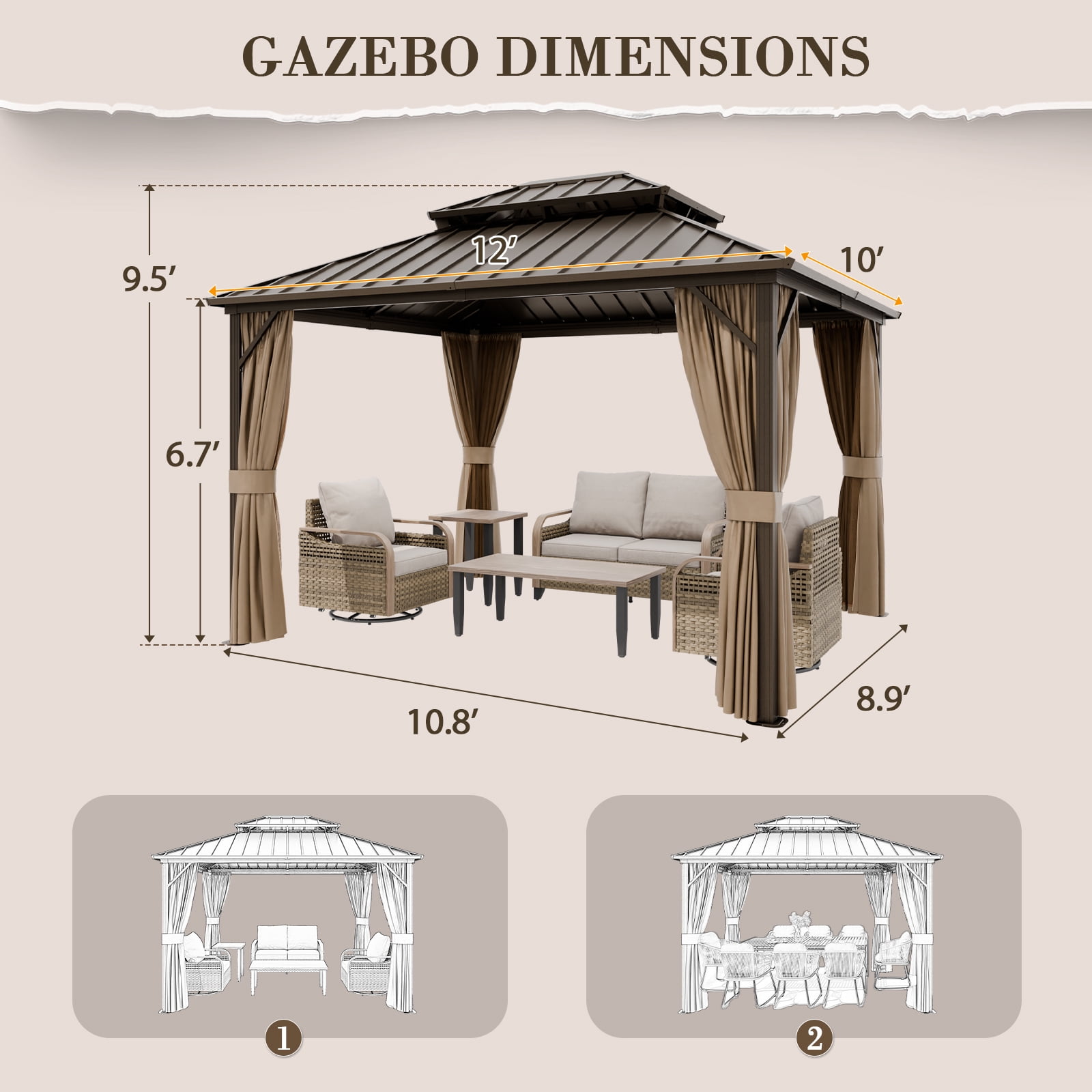 EAGLE PEAK 10'x12' Outdoor Patio Hardtop Gazebo with Aluminum Frame, Galvanized Steel Double Roof with Netting and Curtains, Brown