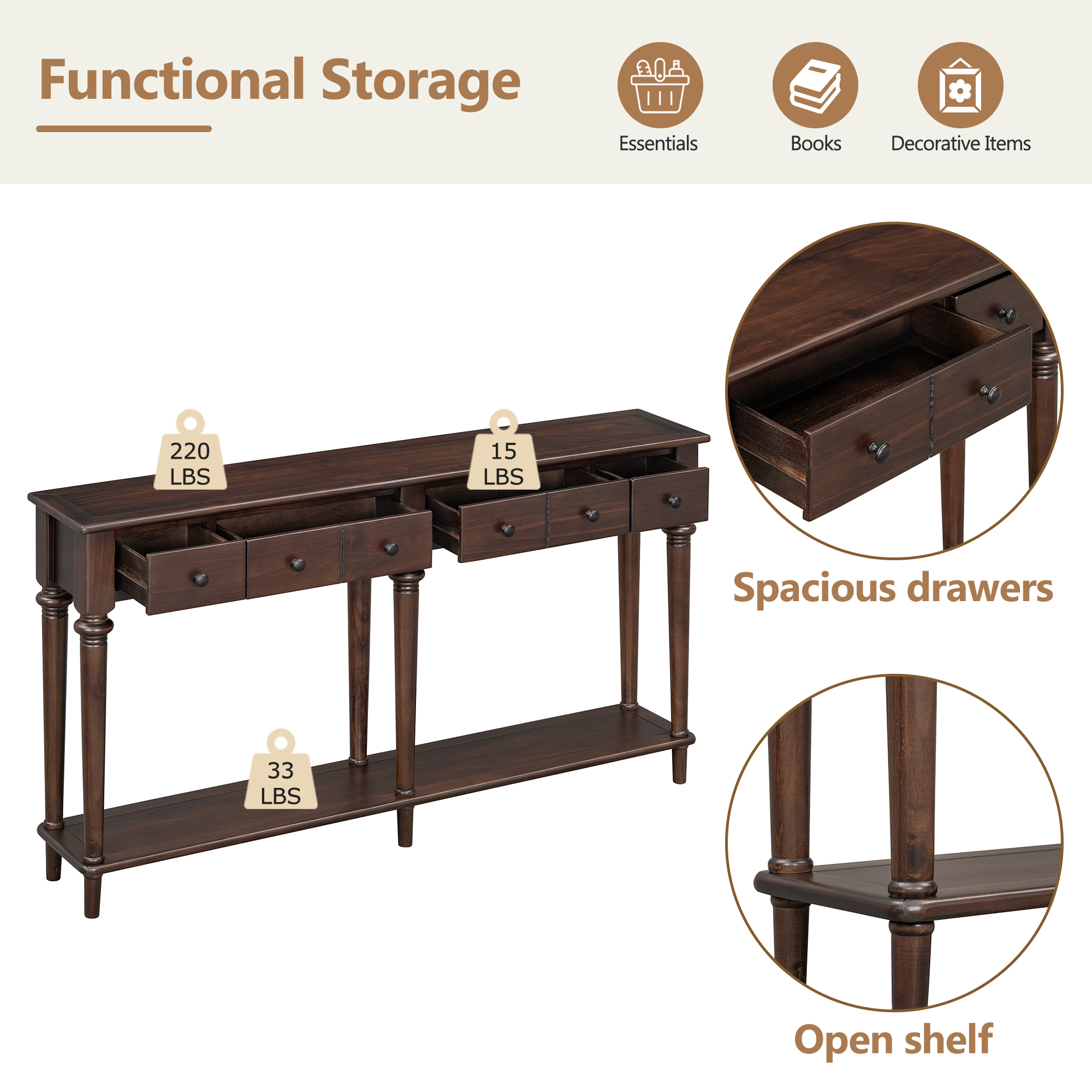 EUROCO 59.8" Solid Wood Console Table,Retro Long Sofa Table Entryway Table with 4 Drawers and Bottom Shelf for Hallway Living Room,Espresso