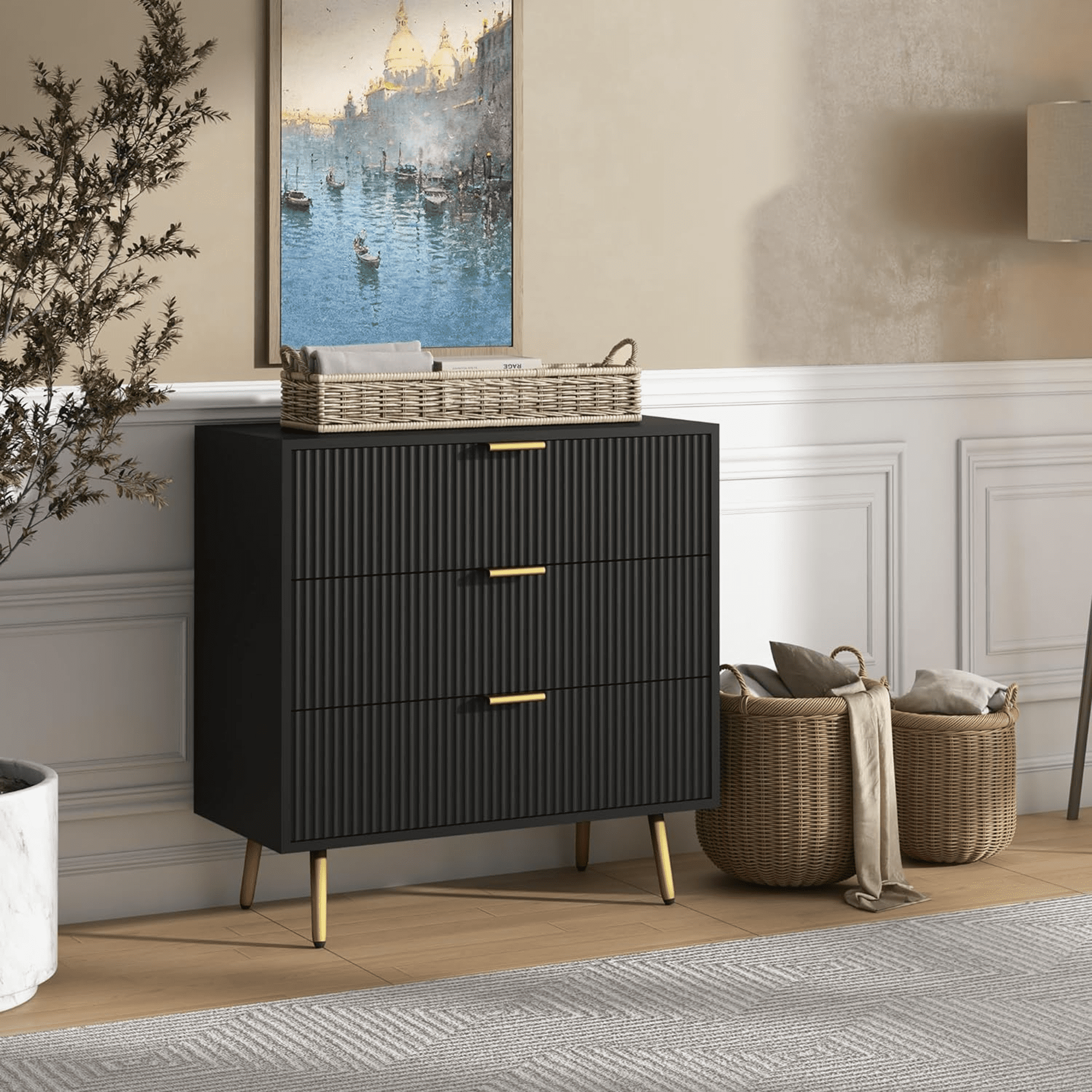 Oubayajia Modern Bedroom Dresser with 6 Drawers, Wood Storage Chest of Drawers with Fluted Panel