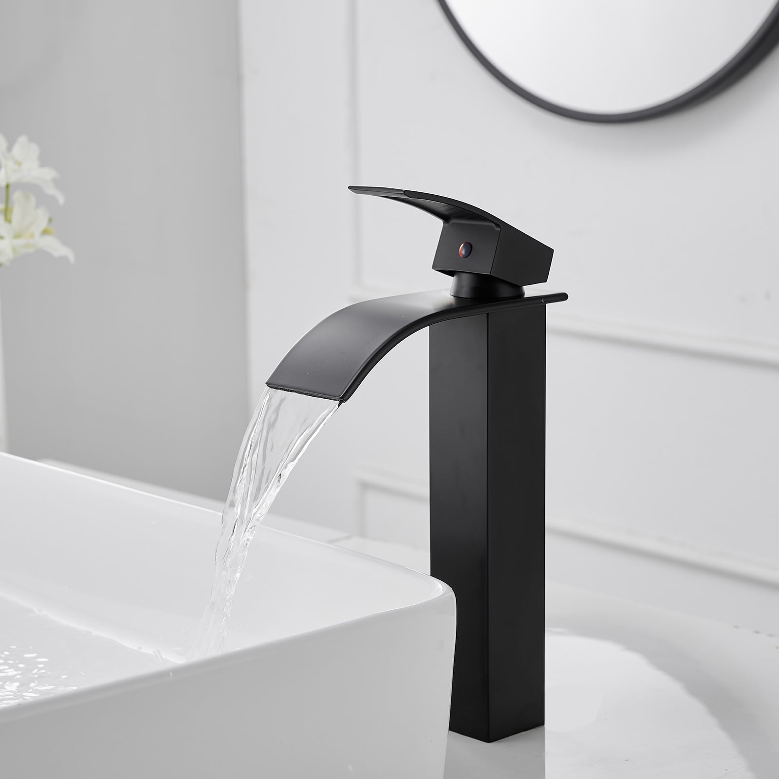 BWE Vessel Sink Faucet Modern Waterfall Matte Black Single Hole Bathroom Faucet Single Handle with Pop up Drain Without Overflow Assembly Vanity Basin Bath Sink Faucets Mixer Tap
