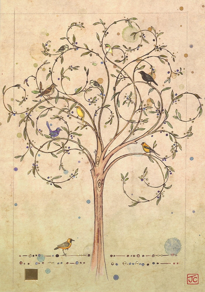 Bug Art Birds Perched on Thin Tree with Swirling Branches Blank Note Card