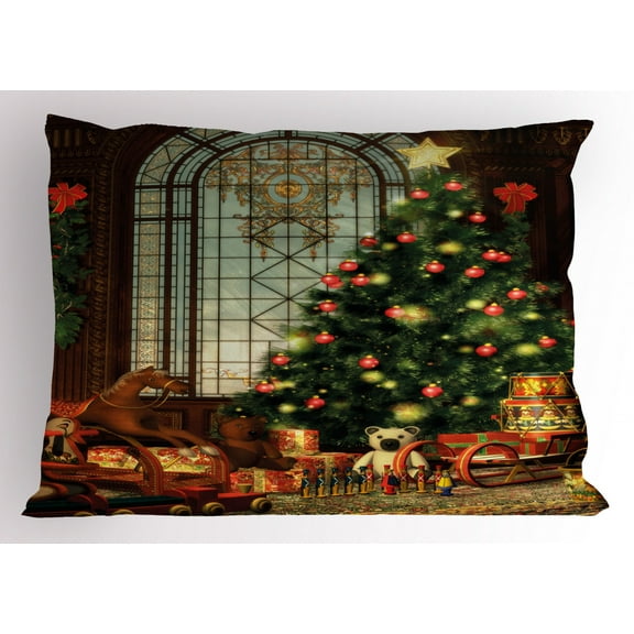 Christmas Pillow Sham Magical Vintage Ambiance Big Old Fashioned Window Xmas Tree Various Presents, Decorative Standard King Size Printed Pillowcase, 36 X 20 Inches, Brown Red Green, by Ambesonne