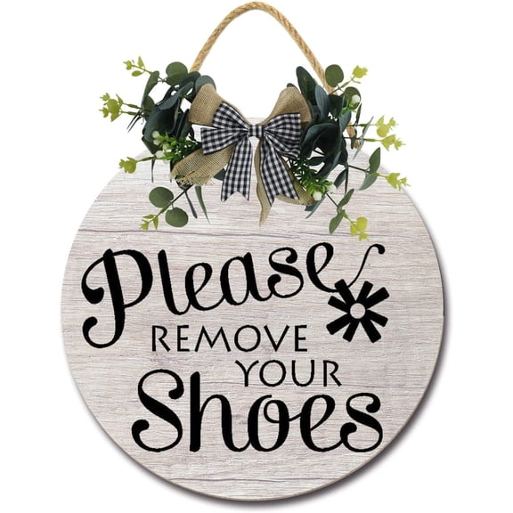 Eveokoki 12" Door Sign Welcome Wood Plaque with Buffalo Check Plaid Bow Please Remove Your Shoes Sign for All Seasons Farmhouse Home Front Porch Door Decoration