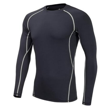 Men's Sports Running Long-sleeved Round Neck Breathable Perspiration Quick-drying Fitness Tights Clothes Black Gray