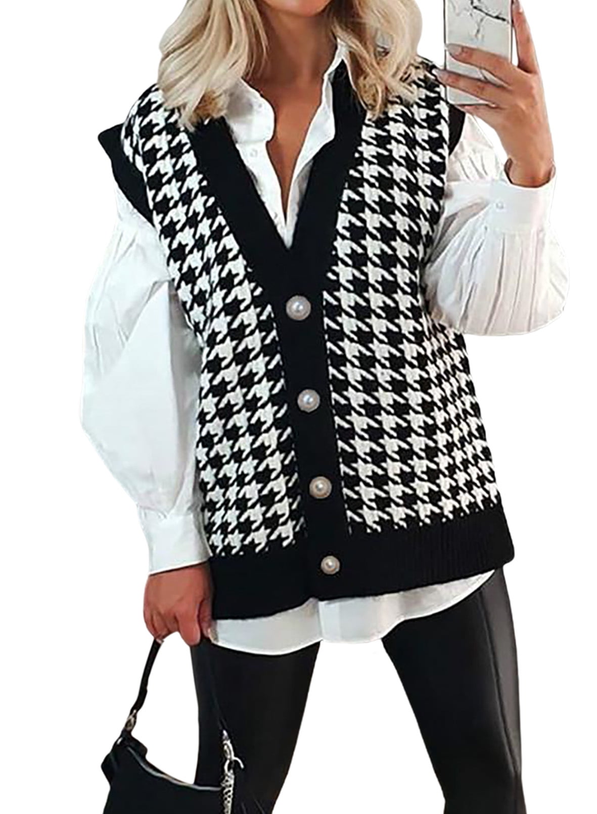 Eytino Women's Open Front Sleeveless Vest Houndstooth Knit Cardigan Coat