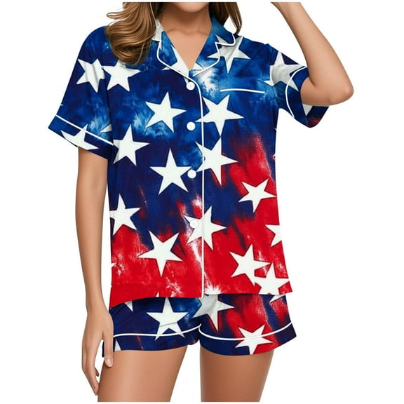 Tnhcen Patriotic Cotton Pajama Set for Women Short Sleeve Button Down Shirt Comfy Sleep Shorts Independence Day S-2XL