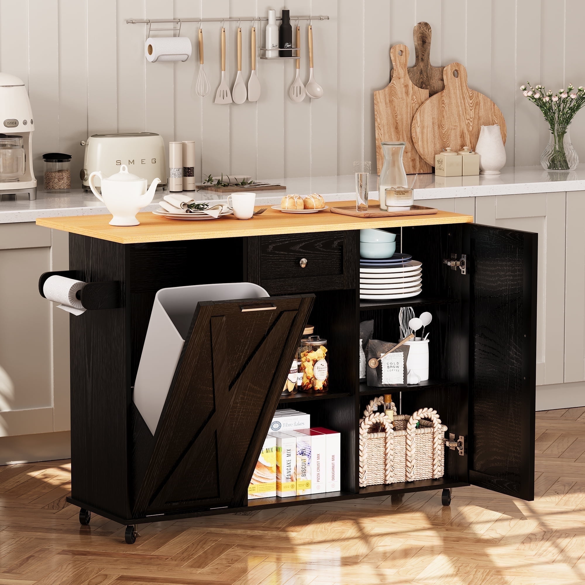 spanspace 48" Kitchen Island Cart with Drop Leaf , 10 Gallon Storage and Tilt Out Trash Can Cabinet , Portable Kitchen Island with Wheels Drawer and Adjustable Shelves for Kitchen, Black