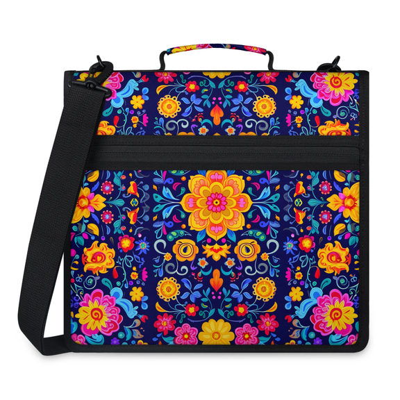Herdesigns Mexico Flower Zipper Binder 1.5 Inch 3 D-Rings with Shoulder Strap & Handle, Waterproof Binder Organizer Bag for 13 Inch Laptop