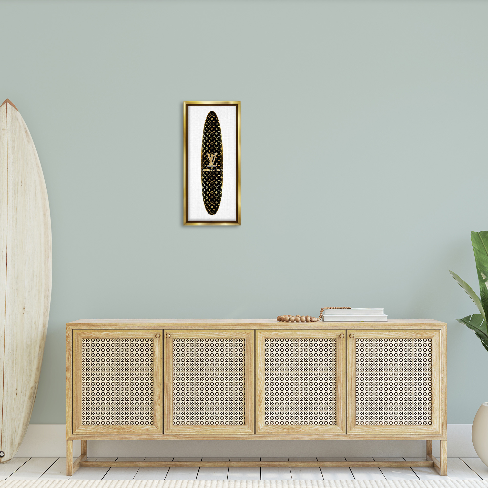 Stupell Industries Designer Brand Surfboard Nature Painting Gold Floater Framed Canvas Art Print Wall Art, 11 x 25