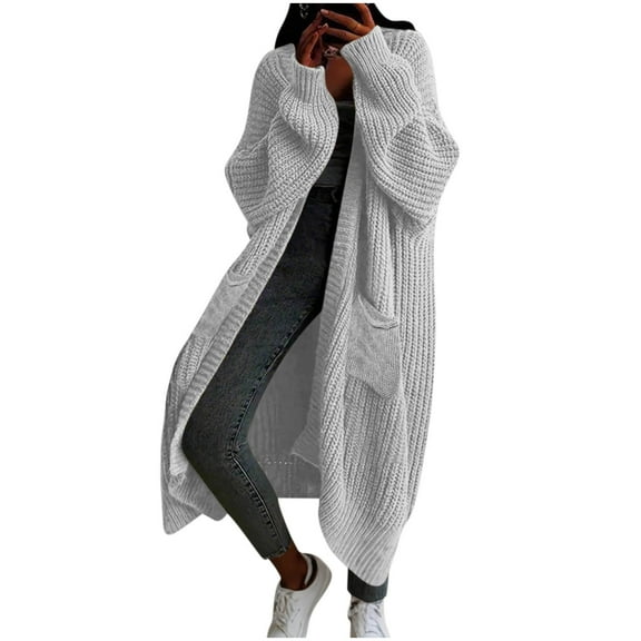 TEAJOPSUU Womens Long Cardigan Sweaters Open Front Oversized Cable Knit Sweaters Solid Color Chunky Long Sweater Coats with Pocket Gray