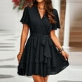 thumbnail image 5 of YNIQUE Women's Casual Dress V-Neck Short Sleeve Waist Tie Ruffle Chiffon Elegant Short Dresses, 5 of 7