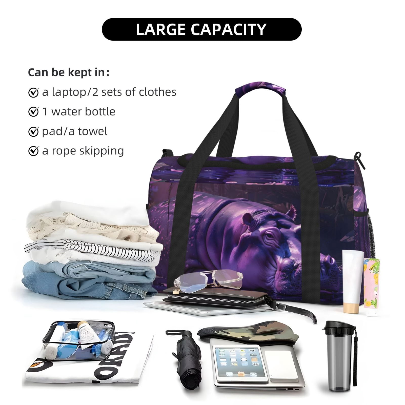 Fuzoiu Purple Hippo In Water Print Travel Duffle Bag,Carry On Tote Bags,Duffel Bag,Sport Gym Bag, Hospital Bag for Labor and Delivery, Overnight Bag,Luggage Bag