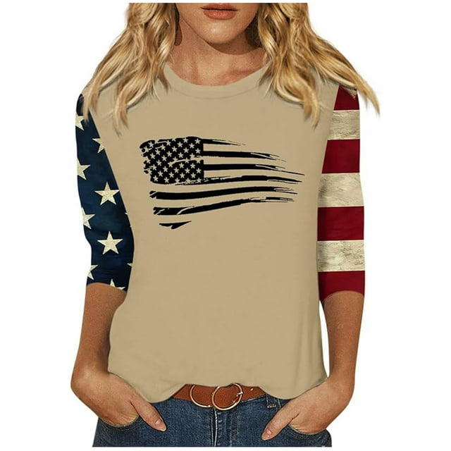 Blouses pour Femmes, Haut à Manches 3/4 Imprimé Fête de l'Indépendance Col Rond