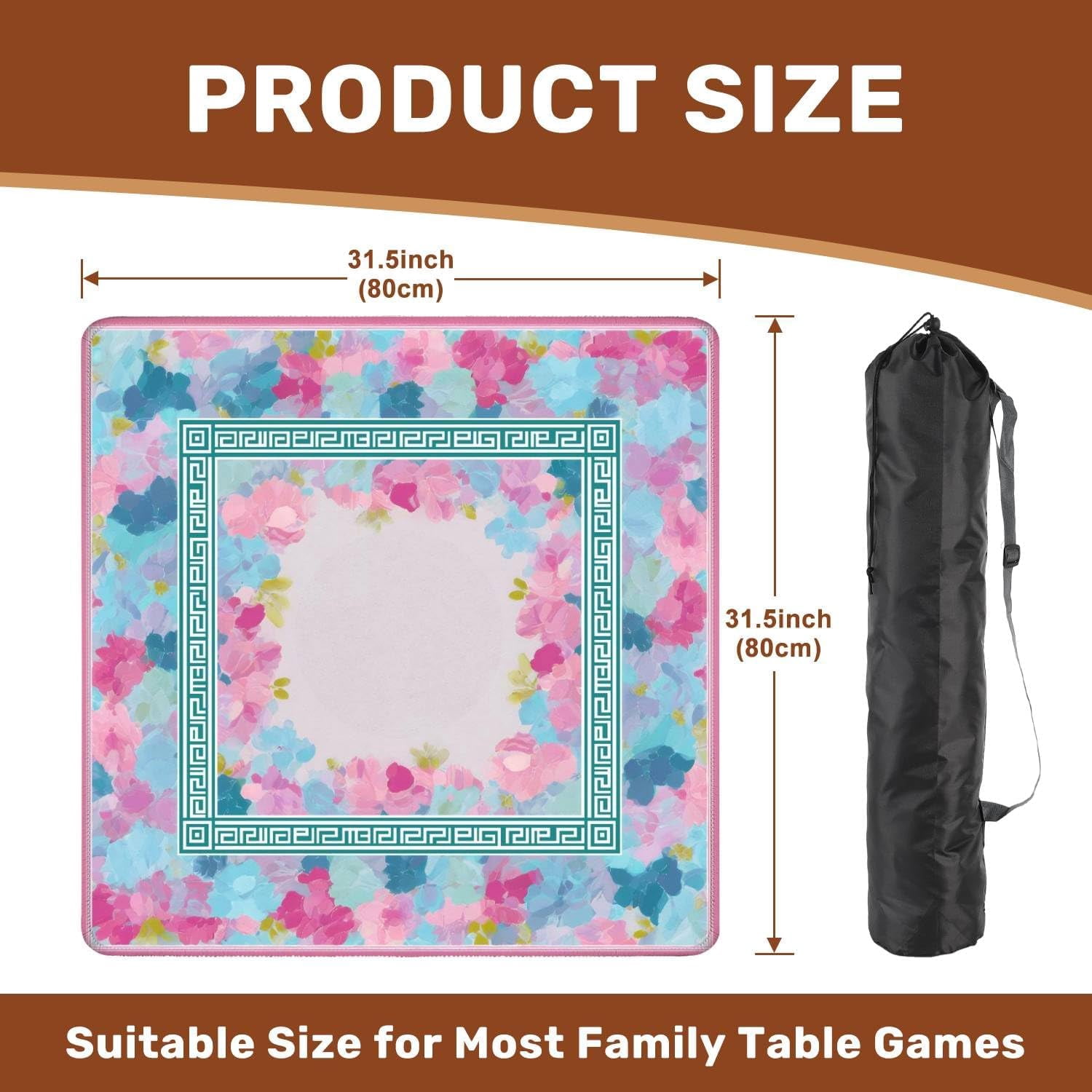 Mahjong Mat 31.5" x 31.5" Soft Pastel Floral Greek Key Border Non-Slip Noise Reduction Mahjong Tiles Table Cover for Dominoes Poker Card Board and Tile Games
