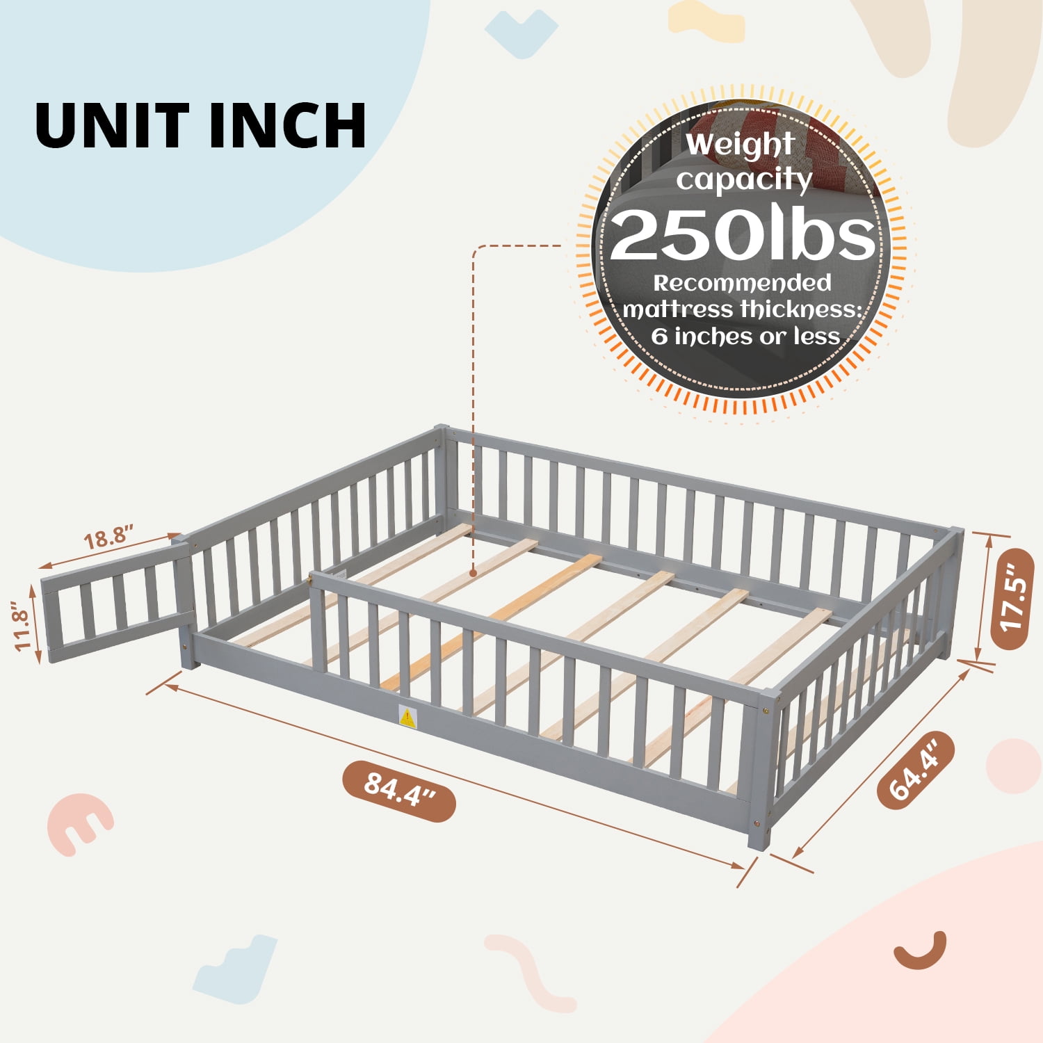 Queen Floor Bed for Children, Sturdy Wood Montessori Bed Frame with Wood Slats, Fence & Door, Montessori Floor Bed for Girls and Boys, Gray