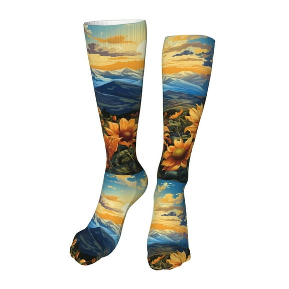 Honeii Sunset Sky Sunflower Print Calf Socks Sports Socks Seamless Toe, Trouser Socks,Knee High Long Socks for Women and Men-One Size