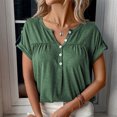 thumbnail image 3 of Short Sleeve Blouse Button V Neck Pleated Design Pure Color Casual Women Summer Top for Office Daily Shopping Green L, 3 of 6