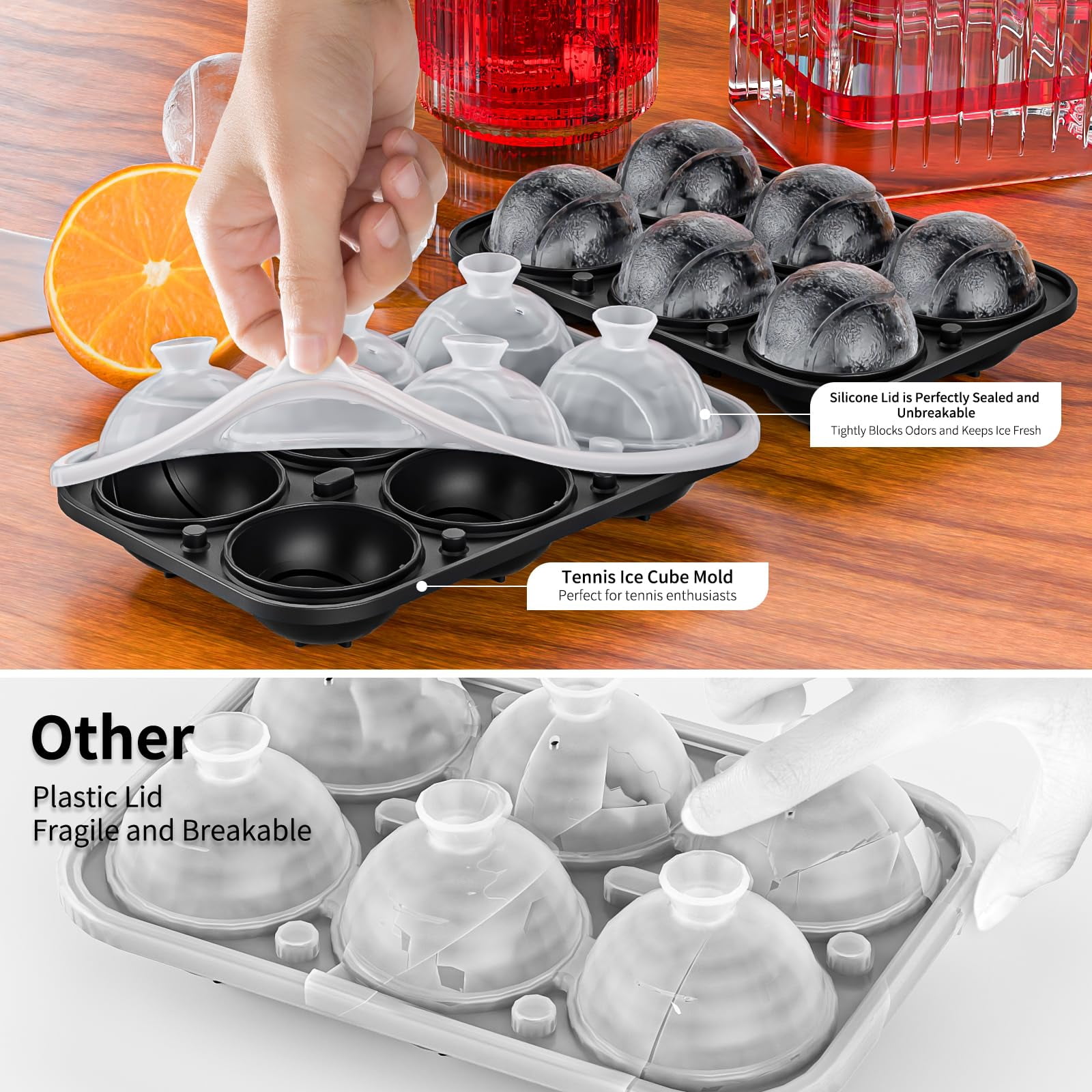 6 Chamber 2.2" 3d Tennis Gifts Ice Cube Tray With Funnel Large Round Ball Maker Mold Silicone Fun Shapes Sphere Molds For Chilling Brandy And Beverages