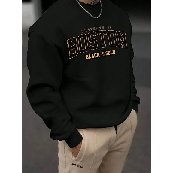 Manfinity Dauomo Men Letter Printed Round Neck Thermal Lined Casual Sweatshirt, Suitable For Autumn And Winter