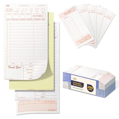 FMP Brands 3 Part Carbonless Guest Checks Pads, Perforated Server Note Pads Paper Total 250 sheets for Waitress Book, Waiter Food Receipt, and Business Checkbook with Guest Receipt